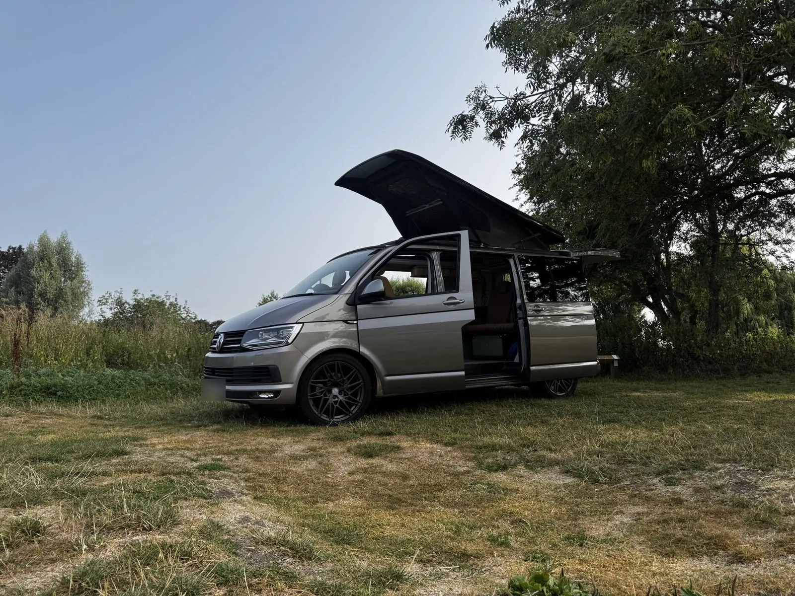 Front three-quarter view of a champagne-coloured Volkswagen Transporter T6 campervan parked on grass beside trees, with its dark pop-top roof raised, the side door slid open and black alloy wheels.